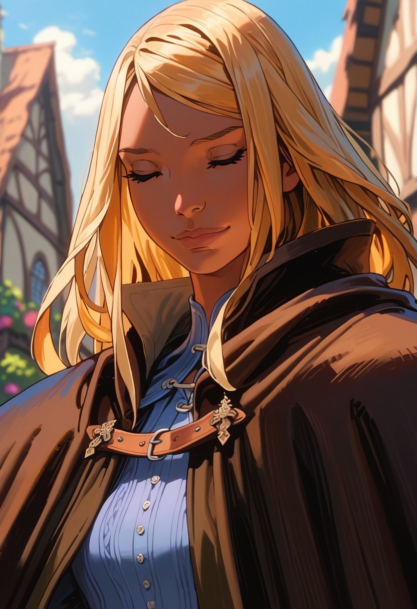 score_9,score_8_up,score_7_up, best quality, masterpiece, solo, 1girl, blonde hair, closed eyes, upper body, smile, dark skin, long hair, dark-skinned female, brown cloak, black shirt, looking down, Sangre, outdoors, medieval town,