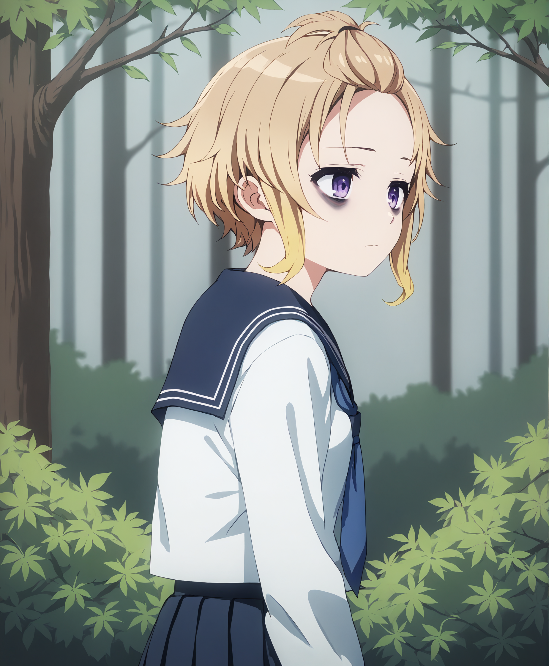 score_9, score_8_up, score_7_up, highres, hi res, best quality, masterpiece, 2d, intricate details, 4k, anime coloring, shadow, uncensored,
1girl, solo, female, short hair, shirt, blonde hair, purple eyes, multicolored hair, gradient hair, forehead, bangs pinned back, brown hair, sidelocks, bags under eyes,
school uniform, serafuku, sailor collar, pleated skirt, blue sailor collar, necktie, blue necktie,
cowboy shot, looking at another, 
outdoors, forest, bushes, branches, foliage, <lora:Mirei_Asaka1024_Pony:1>