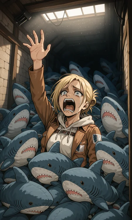 embedding:IllusP0s, scared, reaching, stuffed shark, 1girl, screaming, crying, dramatic, contrast lighting, Annie Leonhart_\(shingeki no kyojin\)<lora:blahaj swarm_Illustrious.safetensors:1.0:1.0>