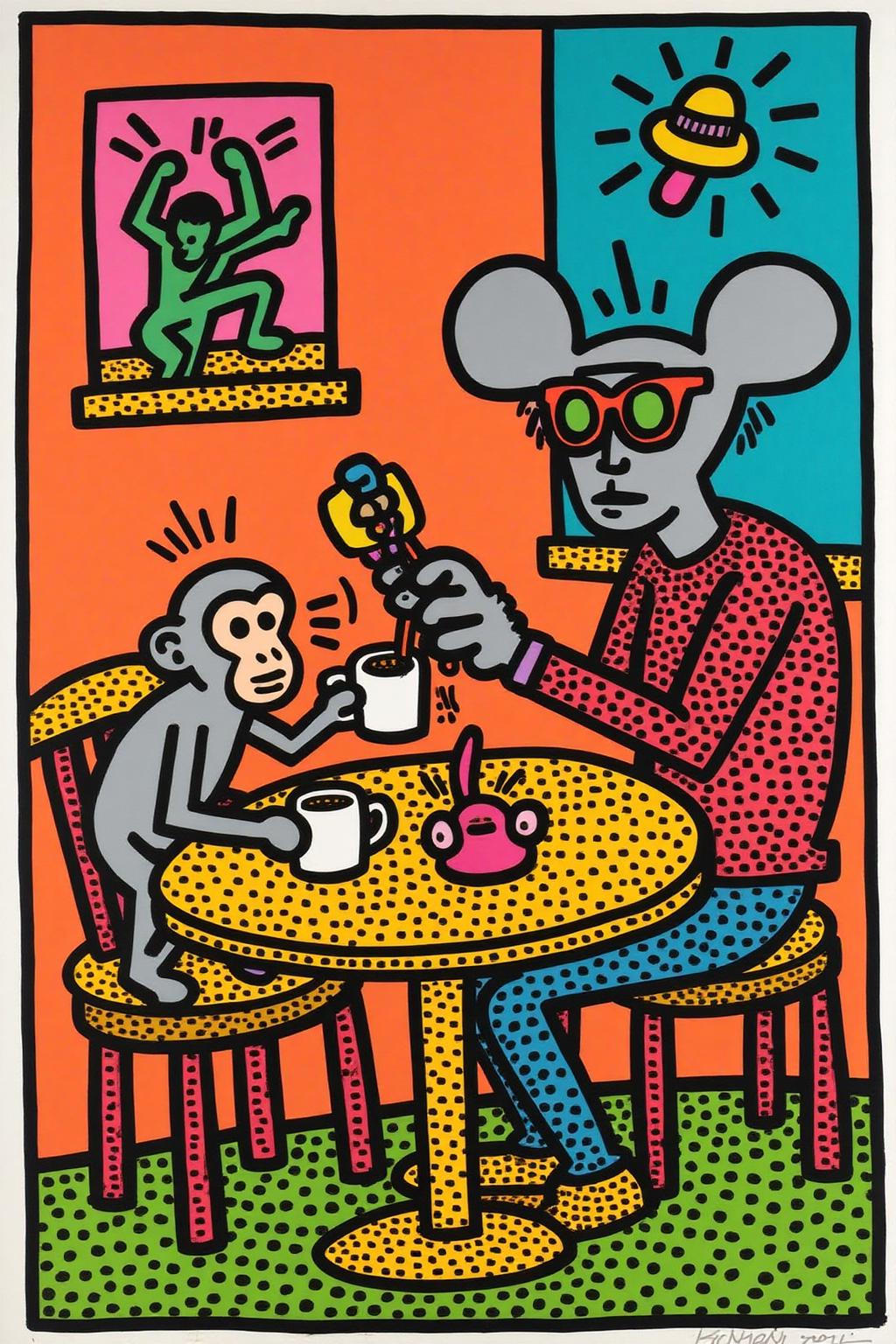 keithharing1 pop art illustration of 
a small monkey and a man wearing Mickey Mouse ears, sitting at a table drinking tea <lora:keithharing1_cap_d6a3:1.0><lora:834343688688713897:0>