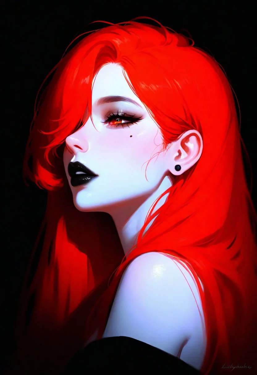 masterpiece, best quality, good quality, very aesthetic, absurdres, newest, 1girl, solo, longhair, side profile, flame red hair, long hair, hair over one eye, fingernails, eyelashes, full lips, mole under eye, Pale white skin, makeup, half-open eyes, portrait, lipstick, close up, nose, stud earrings, black lips, mascara, realistic, Cinematic Lighting, bare shoulder, solemn look, a black mamba snake sits on her shoulders looking at her