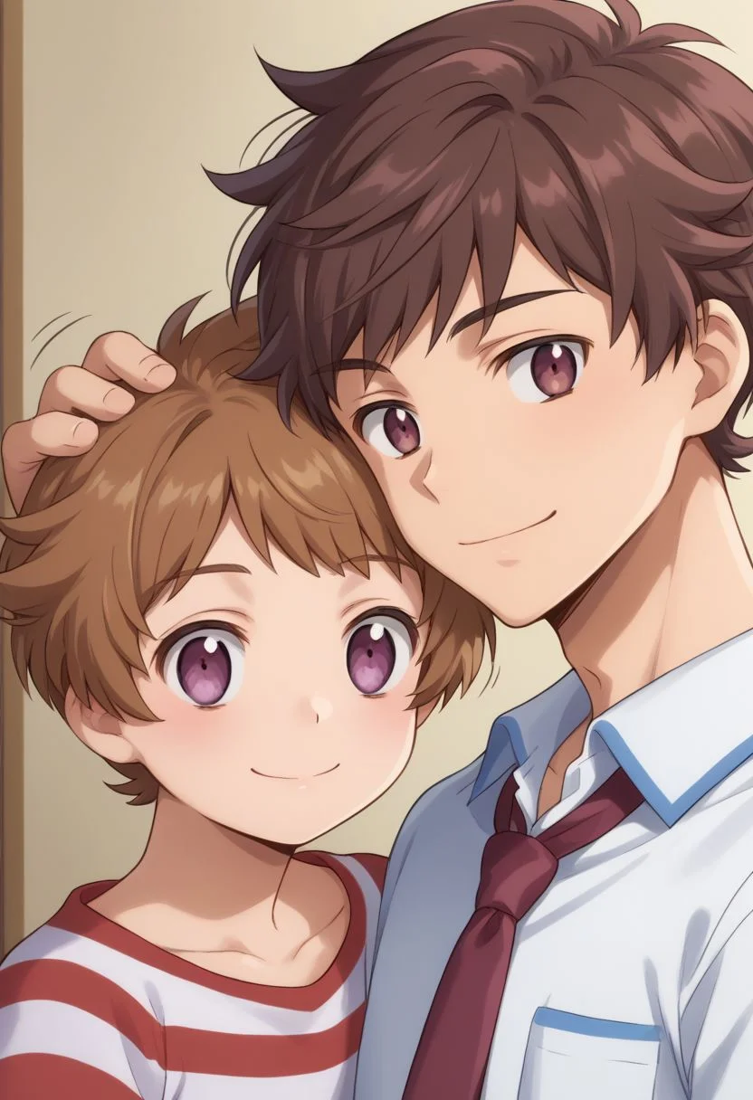 score_9, score_8_up, source_anime, highly detailed, 2boys,
haruka, 1boy, striped shirt, shirt, brown hair, striped, smile, purple eyes,
kazuki, 1boy, brown hair, necktie, shirt, brown eyes, white shirt, collared shirt, closed mouth, red necktie, short hair, bangs,
indoor, hand on another's head, petting, motion lines, brothers,