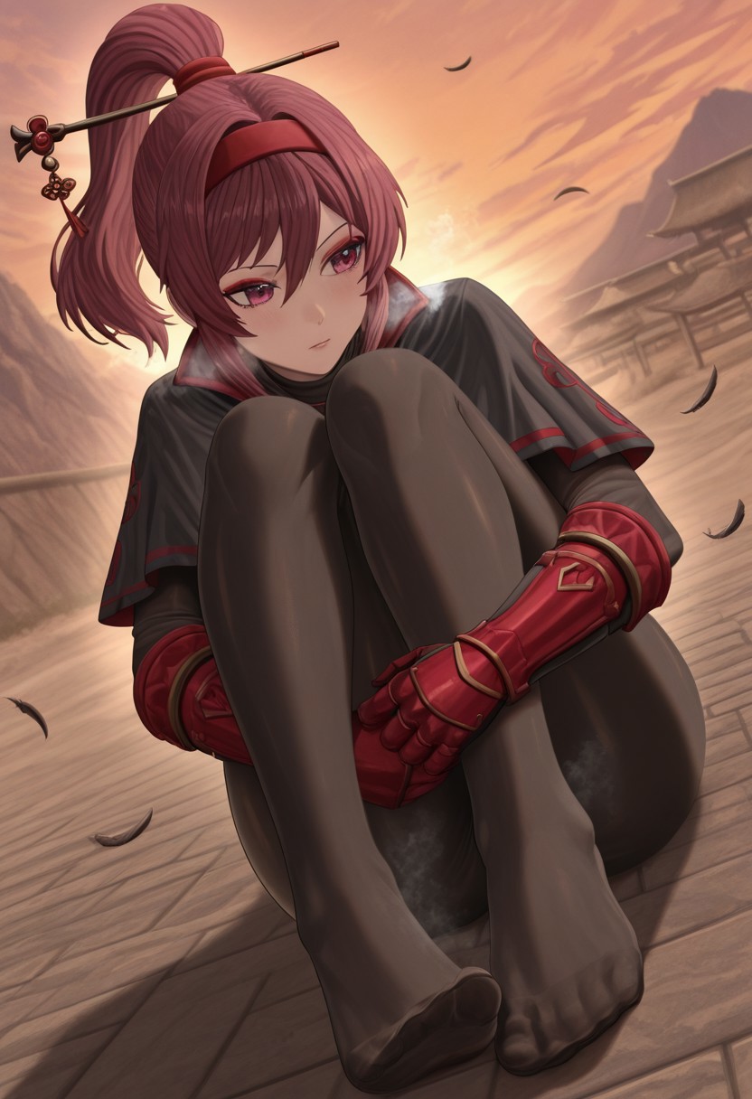 silvertsuki,  outdoors, undershirt, falling feathers, black bodysuit, hair stick, hugging own legs, , gauntlets,   eyeshadow,   red gloves,  high ponytail,  , black capelet, red hairband, pink eyes, 1girl, solo, feet, visible breath,   dynamic angle, foreshortening, smell, steam,