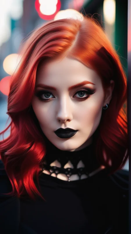 dark shot, city street, pastel goth, sexy goth girl, photo of cute 24 y.o redhead woman, cinematic shot, hard shadows, photorealistic, cute face, looking at viewer