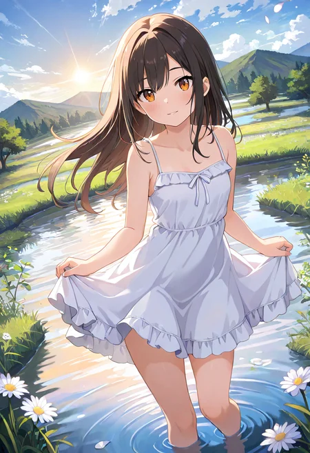 masterpiece, best quality, absurdres, very aesthetic, general,
1girl, solo, dress, long hair, white dress, looking at viewer, outdoors, flower, water, sky, cloud, brown hair, wading, bare shoulders, mountain, sundress, standing, dutch angle, bangs, sleeveless, bare arms, sleeveless dress, closed mouth, white flower, brown eyes, skirt hold, grass, collarbone, blush, barefoot, orange eyes, mountainous horizon, sunset, petals, sun, bare legs, scenery, day, eyebrows visible through hair, small breasts, cloudy sky, sunlight, nature, smile, black hair, river, daisy, ripples, lens flare, short dress, blue sky, wind, bow, legs, thighs, field, parted lips, stream, backlighting, sidelocks, white bow, tree, light rays, light particles, twilight, floating hair, horizon, reflection, white ribbon, pond, yellow flower, hair intakes, frilled dress, diffraction spikes, sunrise, spaghetti strap, evening, gradient sky, armpit crease, yellow eyes