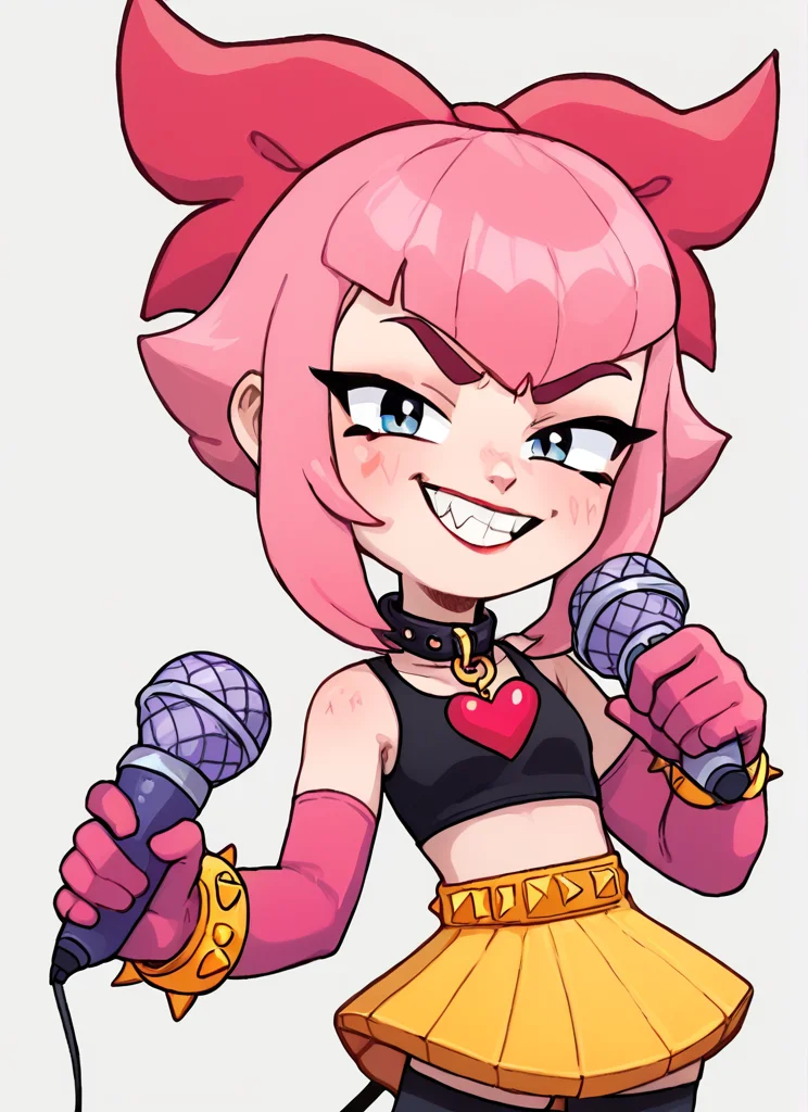 score_9, score_8_up, score_7_up, <lora:bsmelodie:1> bsmelodie , 1girl, solo , pink hair, hair bow ,black collar ,neck heart ,black shirt, crop top, bare shoulders, elbow gloves, pink gloves, yellow bracelet , yellow skirt , black thighhighs , posmach ,evil smile, , looking at viewer, Holding microphone <lora:PossumMachine:1> boots,