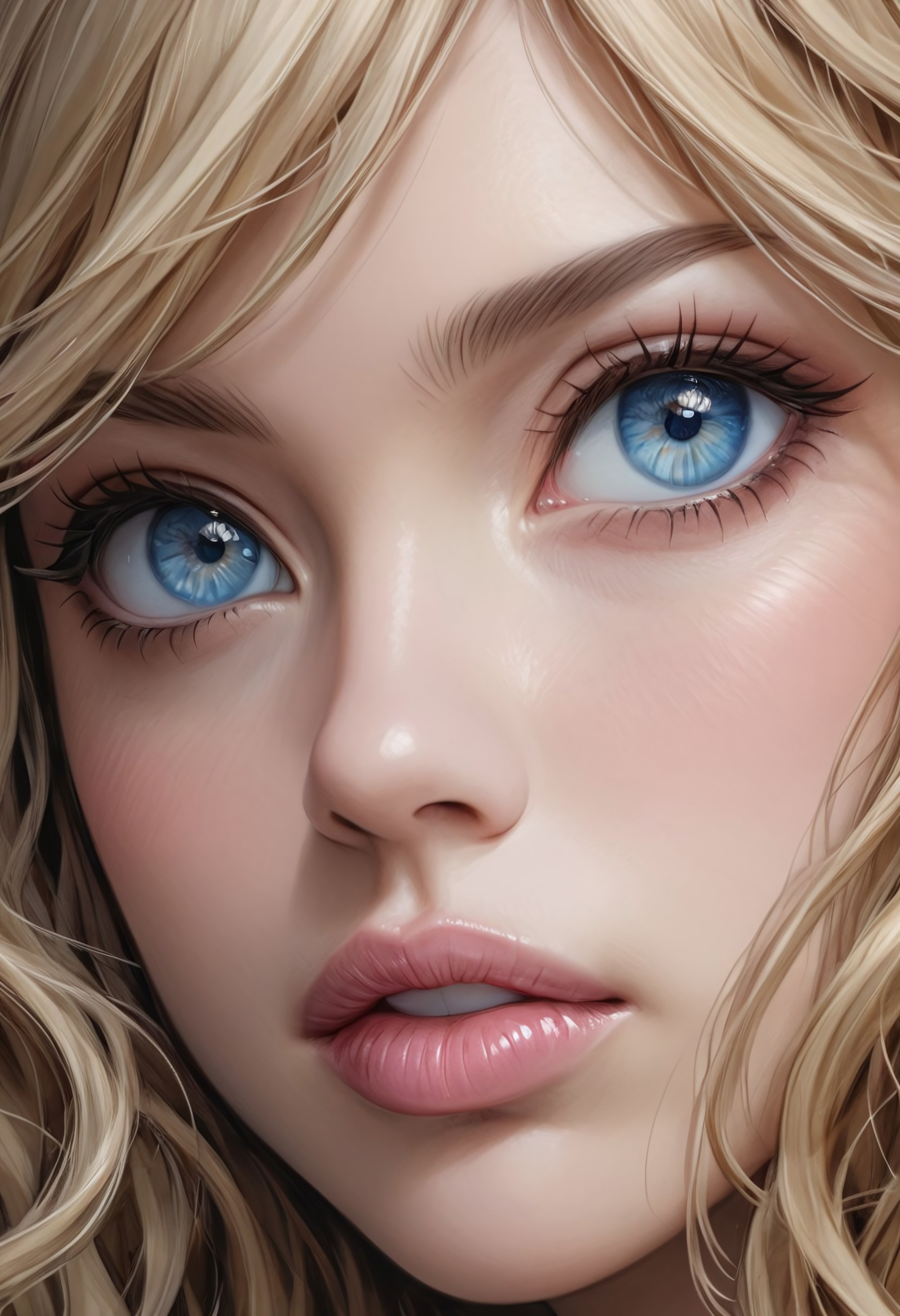 best quality,masterpiece,highly detailed,ultra-detailed,close up of woman face, pretty face, strong jaw line, 1girl, blond hair, pink lips, blue eyes
