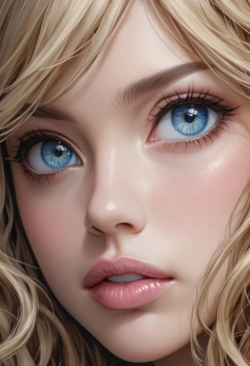 best quality,masterpiece,highly detailed,ultra-detailed,close up of woman face, pretty face, strong jaw line, 1girl, blond hair, pink lips, blue eyes