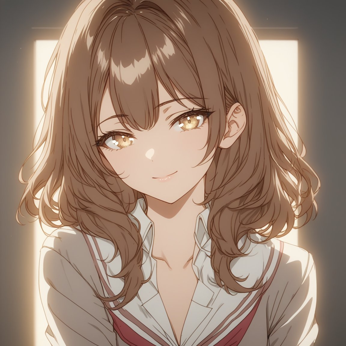 1girl, solo,  <lora:Maria_Mikhailovna_Kujou_Masha:1>, best quality,  brown hair, golden eyes,school uniform with a white blouse, soft smile,  <lora:GLSHS:0.8> GLSHS, partially illuminated