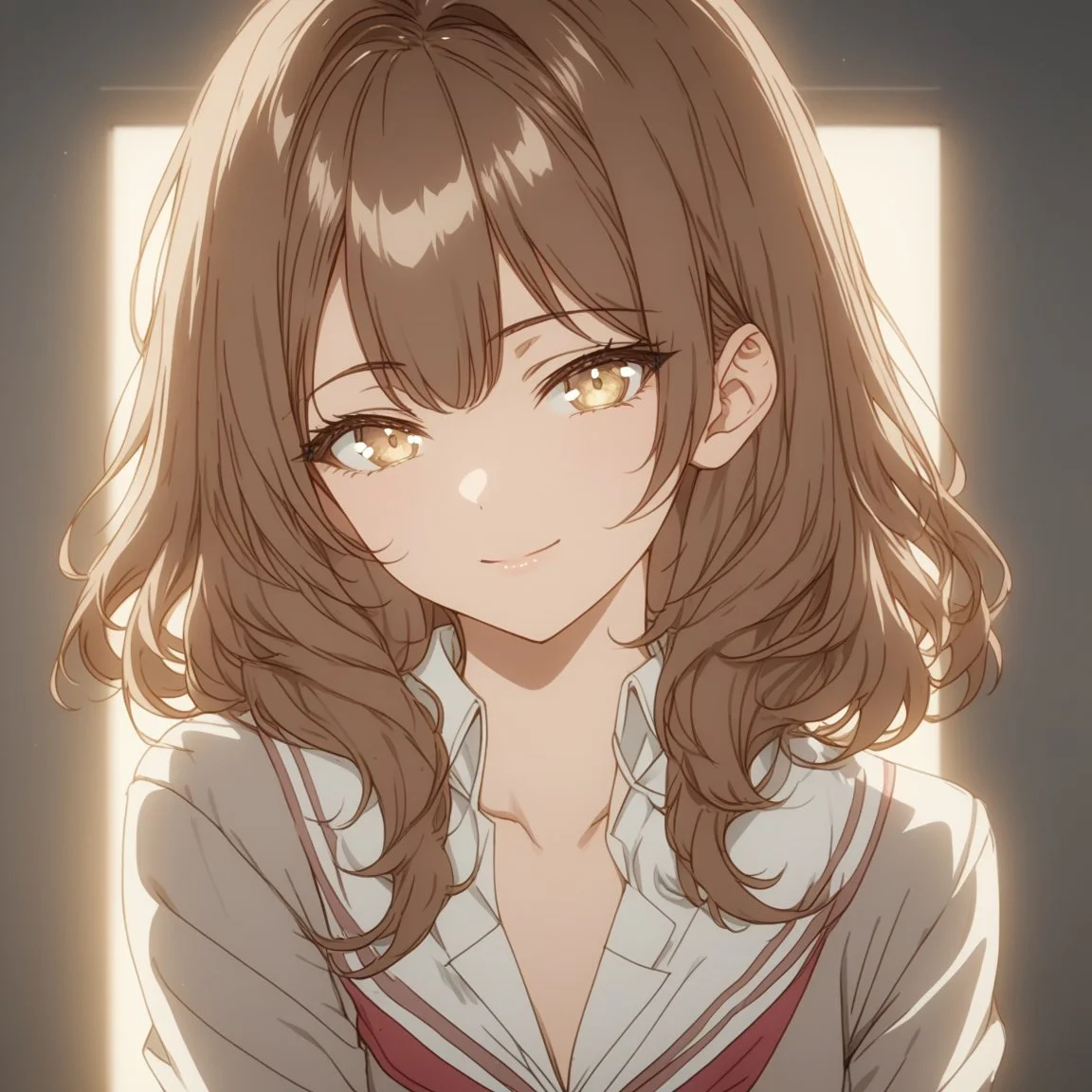 1girl, solo, <lora:Maria_Mikhailovna_Kujou_Masha:1>, best quality, brown hair, golden eyes,school uniform with a white blouse, soft smile, <lora:GLSHS:0.8> GLSHS, partially illuminated