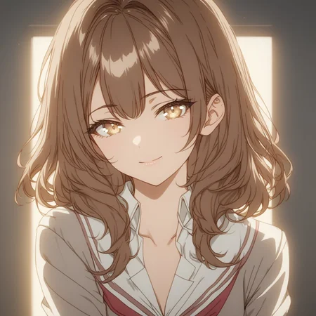 1girl, solo, <lora:Maria_Mikhailovna_Kujou_Masha:1>, best quality, brown hair, golden eyes,school uniform with a white blouse, soft smile, <lora:GLSHS:0.8> GLSHS, partially illuminated