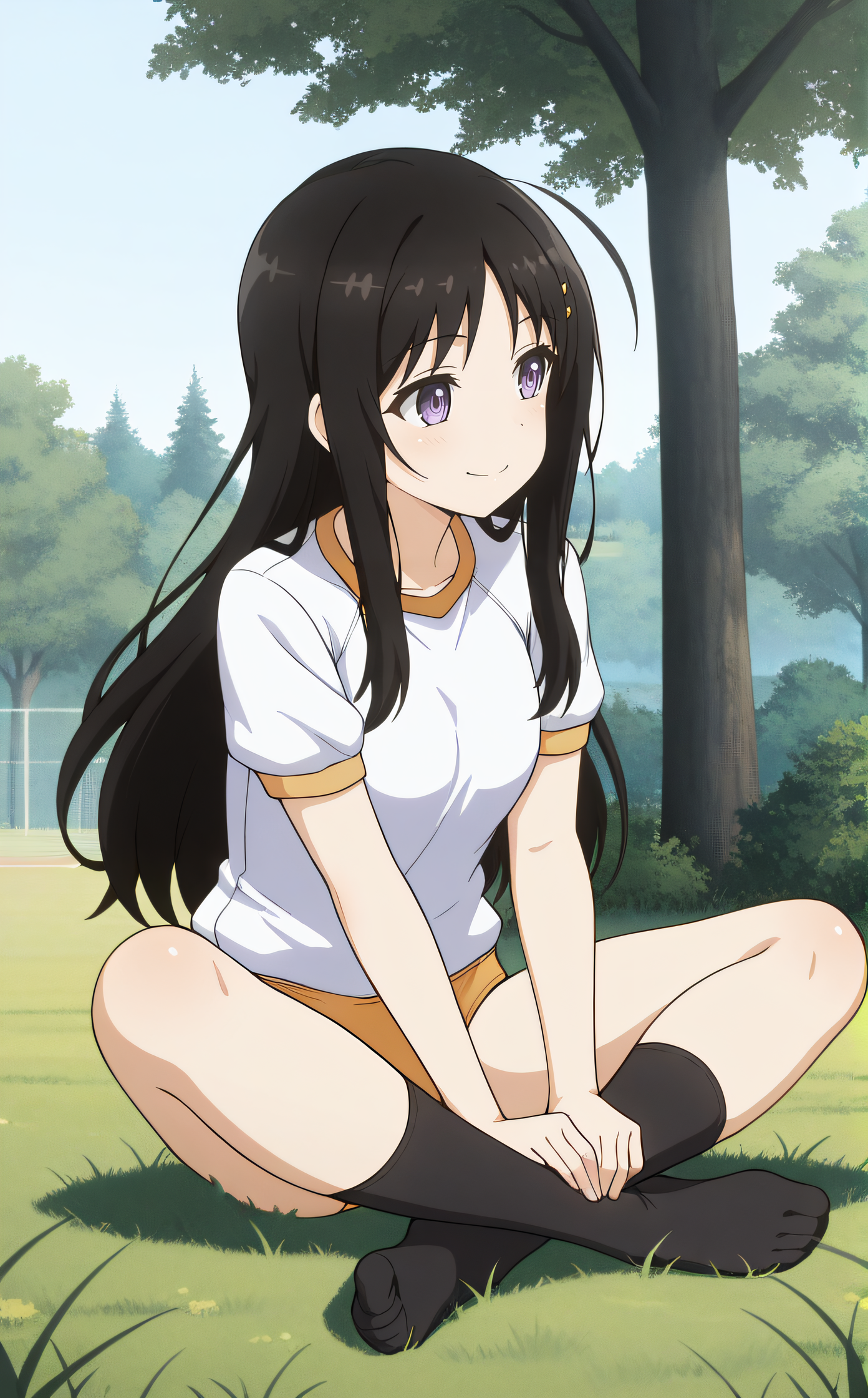 masterpiece, best quality, highres, newest, scenary, 1girl, solo, official style, <lora:Sakuraba_Harumi:1>, harumi, black hair, ahoge, gym uniform, white shirt, yellow buruma, black socks, feet, sitting on grass, tree, outdoor, smile, indian style, full body