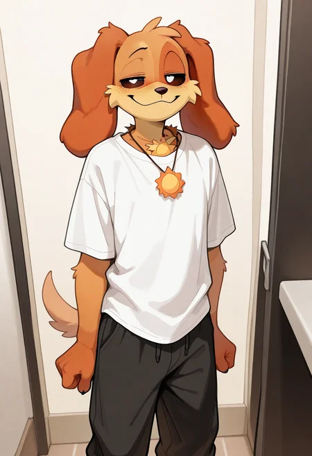best quality, amazing quality, very aesthetic, absurdres, newest, dogday, poppy playtime, furry, sun necklace, black pants, tshirt, 1man, solo, looking at viewer, smug, <lora:DogDay_Poppy_Playtime_Illustrious:1>