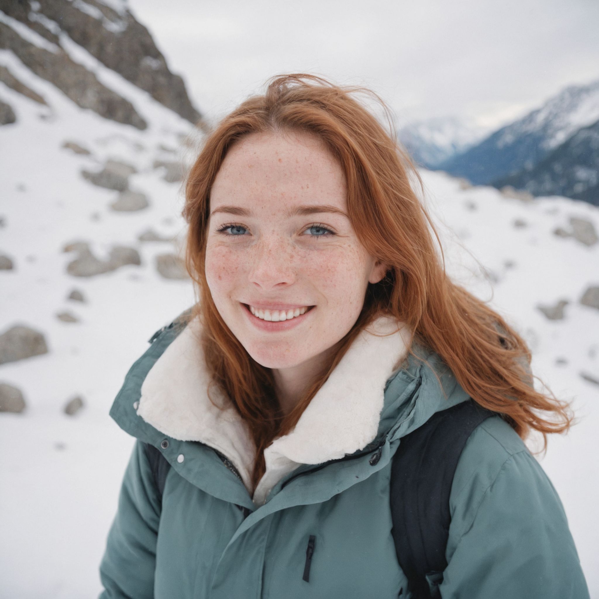 35mm photography portrait of beautiful smiling woman with freckles in a snow-covered mountain