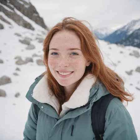 35mm photography portrait of beautiful smiling woman with freckles in a snow-covered mountain