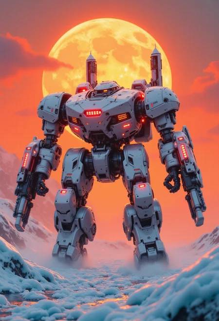 CAICO, Inkpunk Anime, orange and white theme, detailed photorealistic image, a_skynet_cyberdyne_craft, the image is featuring a moonlit scene of a Cyberdyne armoured fortress on a glacial landscape of ice and snow, with gleaming towers, white and gunmetal grey alloy surfaces with high-end circuitry, red glowing diodes and lights, giving a highly advanced, industrial military look, with large plasma cannons and rocket launchers; large depth of field. Sunset, the sky is a vivid orange