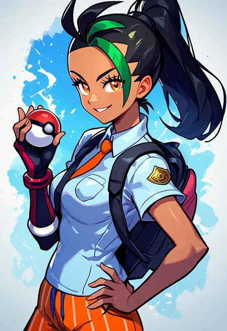 score_9, score_8_up, score_8, medium breasts, (curvy), cute, eyelashes,       BREAK, , BREAK, 
Nemona \(Pokemon\), black hair, green hair, orange eyes, dark skin, multicolored hair, two-tone hair, hair pulled back, collared shirt, fingerless gloves, orange shorts, backpack,
(holding pokeball), hand on hip, 
solo, looking at viewer, upper body, aura, blue sky,  , BREAK,  smile, looking at viewer, cowboy shot,  zPDXL, Expressiveh,