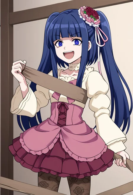 1girl, solo, furudo erika, blue hair, blue eyes, twintails, pink dress, pink bow, long sleeves, hair ornament, pantyhose, choker, shadowed face, crazy smile, open mouth, standing, Holding tape, brown tape, Unraveling Tape, indoors, dark room, cowboy shot,