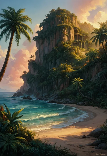 score_9, score_8_up, score_7_up, tropical island with palms, white sand and crystal waters, the setting sun creates an orange and pink sky, seagulss flying over the water and there's a hamok hanging between two palms, beautiful oil matte painting,romantic,style of thomas kinkade,beautiful digital painting,anime landscape,romantic painting,dreamlike digital painting,colorful painting,beautiful gorgeous digital art,style of greg rutkowski,janek sedlar,jenny saville