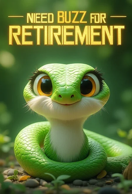 a high quality movie poster with bold lettering and a large snake focused and in frame, in big bold gold letters across the top "Need BUZZ for Retirement" as an old snake with a long white beard and glasses looks tired <lora:flux-cute-snake:1> cute snake, faded green scales, bright shiny yellow eyes, (anime, masterpiece, intricate:1.3), (best quality, hires textures, high detail:1.2), (4k),(incredibly detailed:1.4),UHD, 8K, ultra detailed