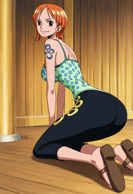 score_9, score_8_up, score_7_up, ultra quality, solo, 1girl, arlong_park,nami (one piece), orange hair, short hair, brown eyes, breasts, shoulder tattoo, green camisole, dot print, capri pants, black pants, sandals, bandages, smile, butt focus, big hips, big butt, bubble butt, curvy, narrow waist, kneeling, looking to the viewer, close up, screencap