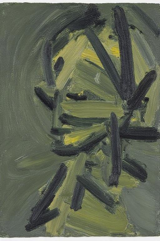 fraauer1 painting of a close-up portrait of an woman, with the brushwork creating a chaotic, yet somewhat recognizable form. An abstract painting created using thick, textured brushstrokes in various shades of green, black, and a touch of yellow. The background is a muted, dark green, with swirling strokes that blend into the figure, making it difficult to distinguish the background from the subject. <lora:fraauer1_cap_d6a3:1.0><lora:811767618299184630:0>