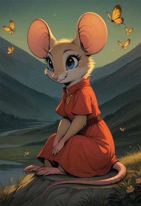 score_9, score_8_up, score_8, (solo), (solo:2), (fluffy:0.8), (feral), outdoors, furry, (((mouse))), female, blue eyes, yellow fur, yellow ears, claws, (fluffy cheeks:0.4), (red dress), cute, in the style of beatrix potter, cel-shading, fca style, hillside, (side view), sitting, night, dark, fireflies,