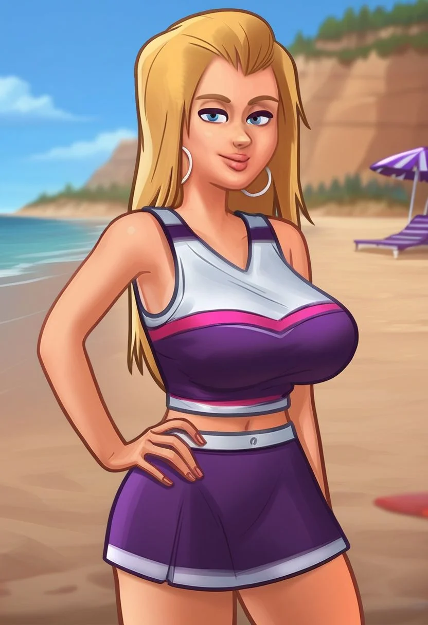 score_9, score_8_up, score_7_up, score_6_up, score_5_up, score_4_up, ((low depth of field)), <lora:SummertimeSagaXL_Pony:0.4>, (Drawn in the style of summertime saga), (beautiful landscape),
BREAK
<lora:stsRoxxy-10e:0.7>, stsroxxy on beach, 1girl, blue eyes, blonde hair, hoop earrings, purple skirt, crop top, cheerleader, looking at viewer, hand on hip
