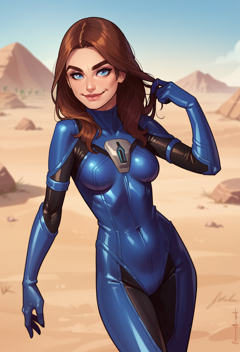 score_9, score_8_up, score_7_up, score_6_up, 1girl, solo, jalf body, smiling, desert background,
<lora:Krys_Decker_-_Artist_style:0.8> ss-krd_o,  <lora:AA_bhd:0.7> aa_bhd, Alia Atreides, brown hair, long hair, blue eyes, bodysuit,