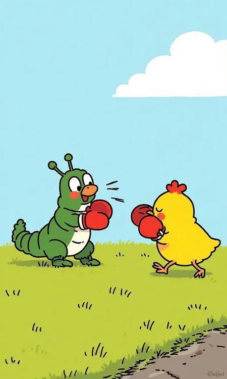 A caterpillar wearing boxing gloves is fighting with a little yellow chicken in the grass <lora:flux-test\flux.1_lora_flyway_simple-illustration.safetensors:1.1:1.1>