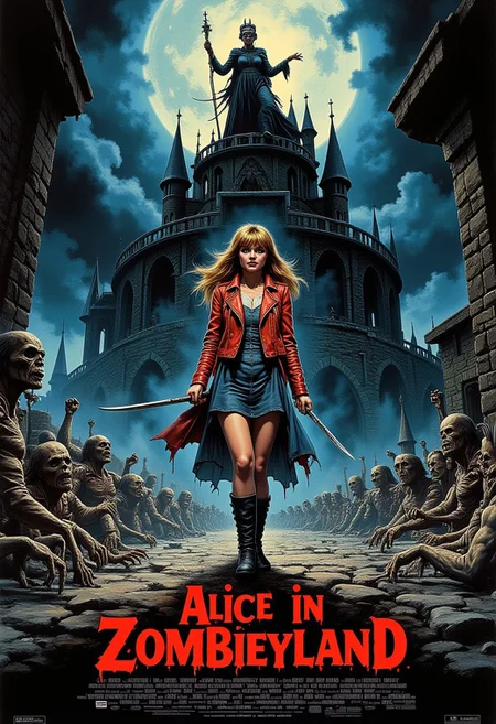 A movie poster. A master-level, highly detailed dark fantasy scene set in a dimly lit, ominous in the heart of a nightmare, Alice (from tale Luis Carrol) stands at the forefront, her figure illuminated by eerie moonlight, ready for battle. Behind her, the headless minions of the undead rise from the ground, summoned by the imposing Zombie Queen of Hearts. The Queen stands elevated on a crumbling, gothic balcony, her bony scepter raised, controlling the horde. Alice, gripping her weapon, wears a torn red leather jacket and combat boots, determined to end the reign of terror. The scene is tense, with swirling fog and dark shadows enhancing the gothic horror. In black-outlined blocky gothic font red text on down of the image is the text, "Alice in Zombyland".