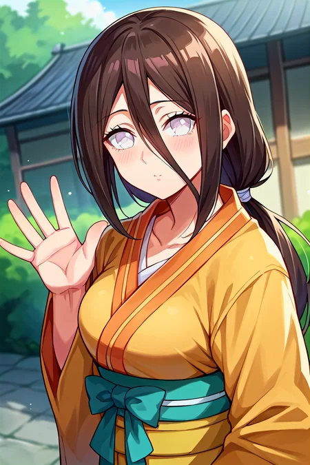 score_9, score_8_up, score_7_up, score_6_up, score_5_up, score_4_up, rating_questionable, , source_anime, digital illustration, pixiv, fanbox, uncensored, , BREAK, official art,
1girl, solo, female, hanabi, brown hair, white eyes, hair between eyes, low ponytail,
japanese clothes, kimono, upper body, close-up, waving, outdoors, blush, looking at viewer, cowboy shot, <lora:Hanabi_Pony-10:0.8>