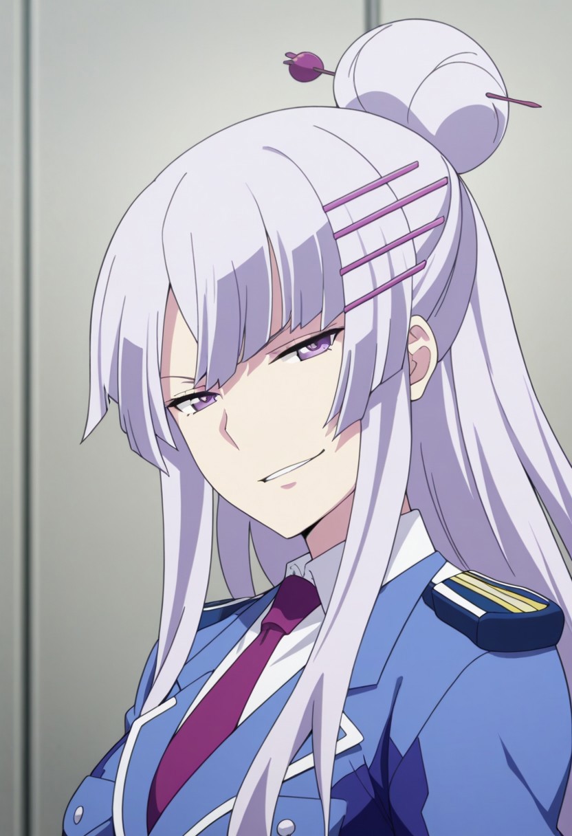 masterpiece,best quality,amazing quality, source_anime, 
Froleytia, 1girl, solo, purple eyes, purple hair, long hair, hair ornament, single hair bun, hair stick, uniform, shirt, white shirt, collared shirt, necktie, purple necktie, jacket, blue jacket, kiseru, smirk,
indoor,