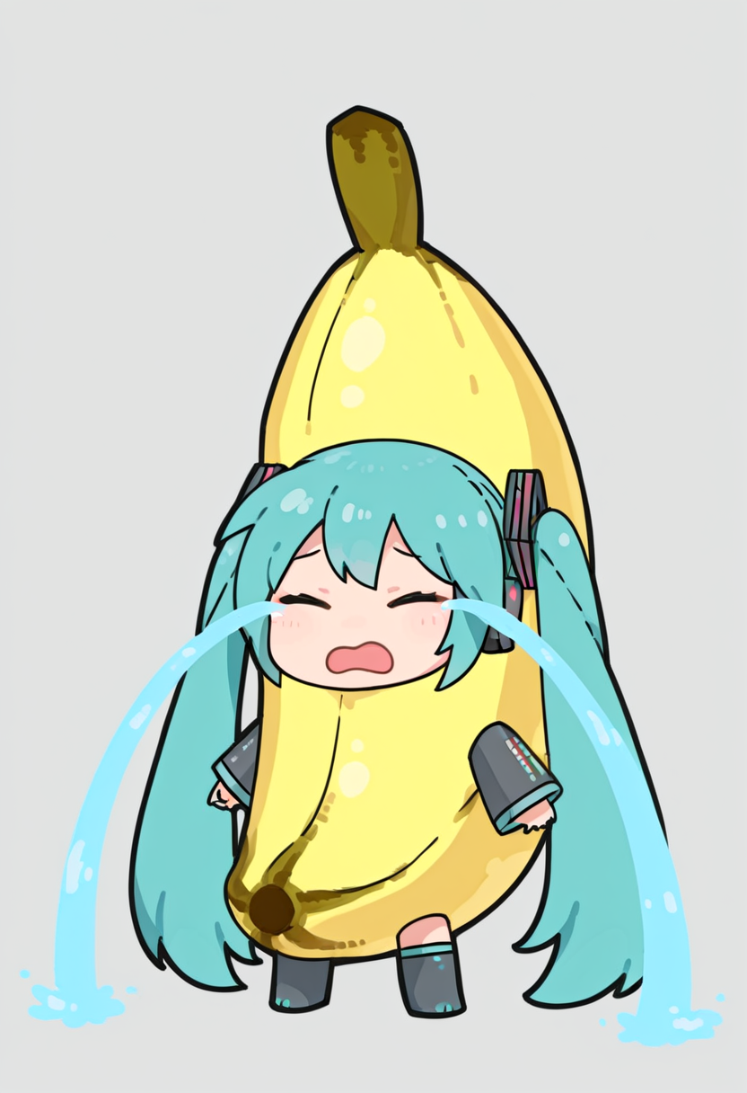 (masterpiece, high quality, amazing detail),sad banana cat (meme), streaming tears, 1girl, hatsune miku, chibi, full body, closed eyes, open mouth, simple background, <lora:crying_cat_meme-14:1>