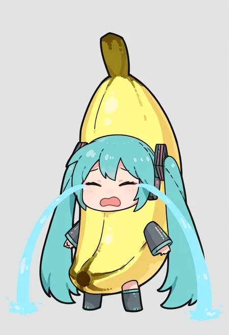 (masterpiece, high quality, amazing detail),sad banana cat (meme), streaming tears, 1girl, hatsune miku, chibi, full body, closed eyes, open mouth, simple background, <lora:crying_cat_meme-14:1>