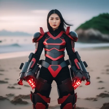cinematic photo a full body asian woman wears a red and black futuristic light armor, beach background <lora:Exosuit1024:0.9> . 35mm photograph, film, bokeh, professional, 4k, highly detailed