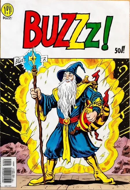 Wizard with magic staff, asking for buzz, (buzz! comics), comic book called 'buzz!' buzz fantasy, lightning bolt symbol