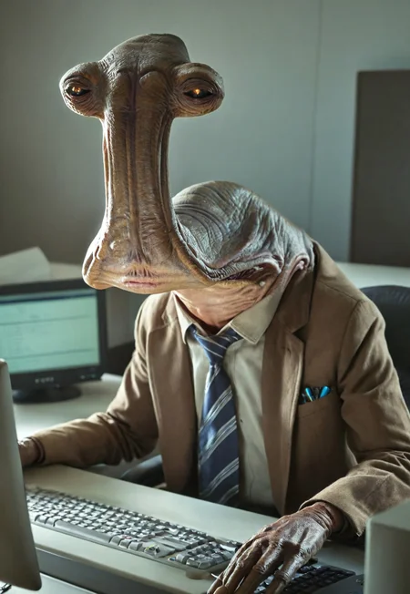 Cinematic Hollywood Film Style, High definition photograph, HDR, RAW photo, 8k resolution, Photorealistic, ultrarealistic,  ithorian hammerhead alien as an ordinary office worker, sitting in his cubicle typing on a computer, dull, ordinary, boring, wearing a tie