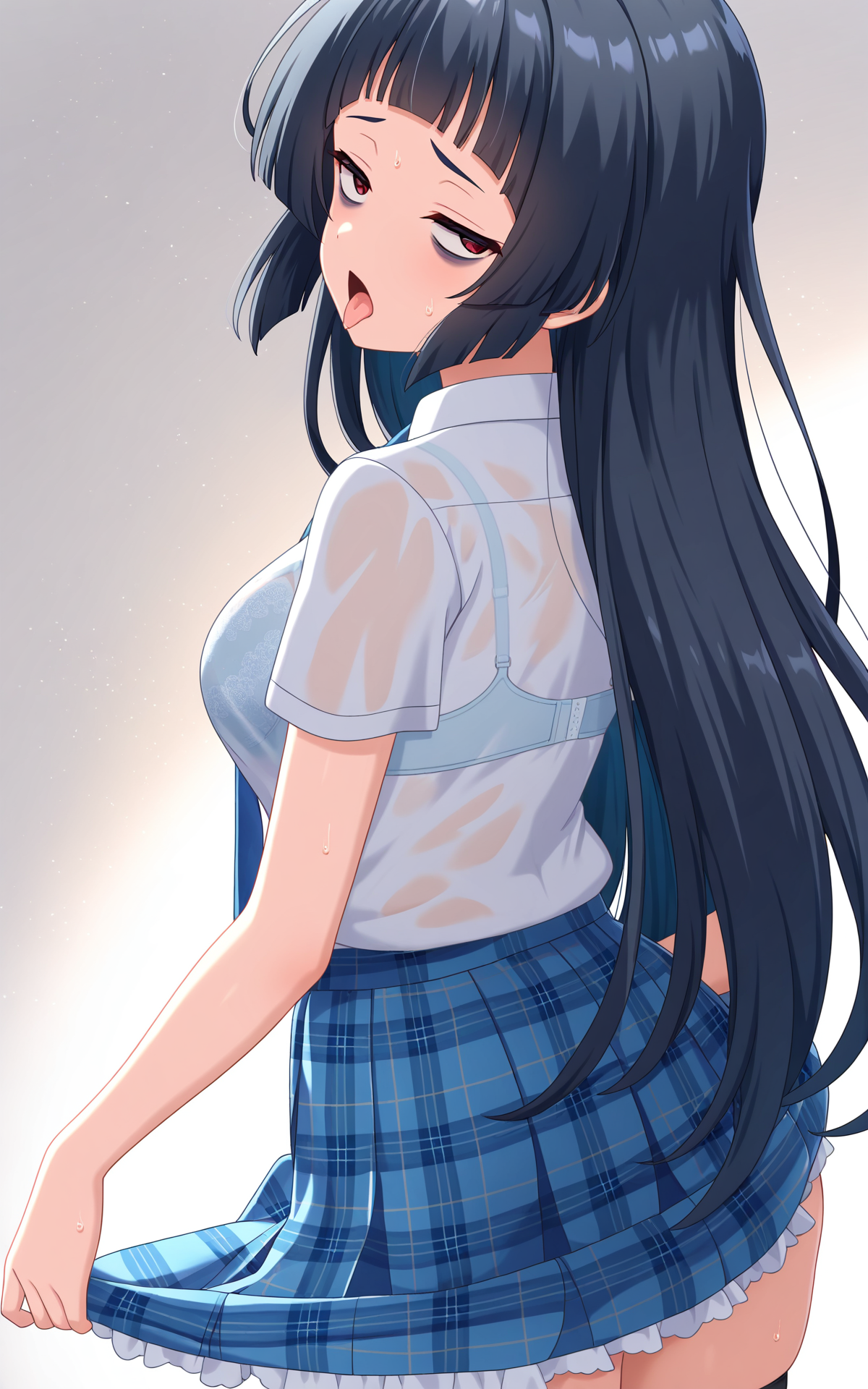 masterpiece, best quality, good quality, newest,4k, perfect lighting, cinematic, very aesthetic, official art, anime screencap, anime coloring,(((white background, simple background))),
1girl,solo,kurokawa nagiko,black hair,long hair,bangs,red eyes,bags under eyes,seio school uniform,white shirt,collared shirt,short sleeves,blue necktie,blue skirt,plaid skirt,pleated skirt,miniskirt,black thighhighs,
sweat,bra visible through clothes,half closed eyes,tired,open mouth,tongue out,looking back,facing away,skirt lift,lifted by self,from behind,backshot view,BREAK
<lora:ILnagiko:0.8>