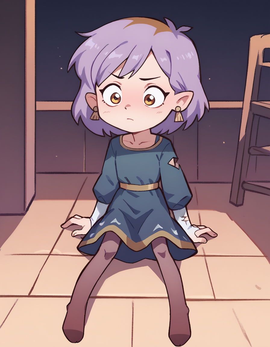 score_9, score_8_up, score_7_up, score_6_up, score_5_up, score_4_up, solo, 1girl, solo,
<lora:Orenji v3:1> orenji, <lora:Amity Blight:0.8> amity blight, purple hair, pantyhose, long sleeves, blue dress, no shoes, full body, sitting,
