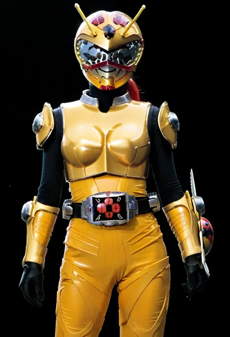 1girl, solo, ladybug, yellow bodysuit, bronze armor, helmet, tokusatsu, rider belt