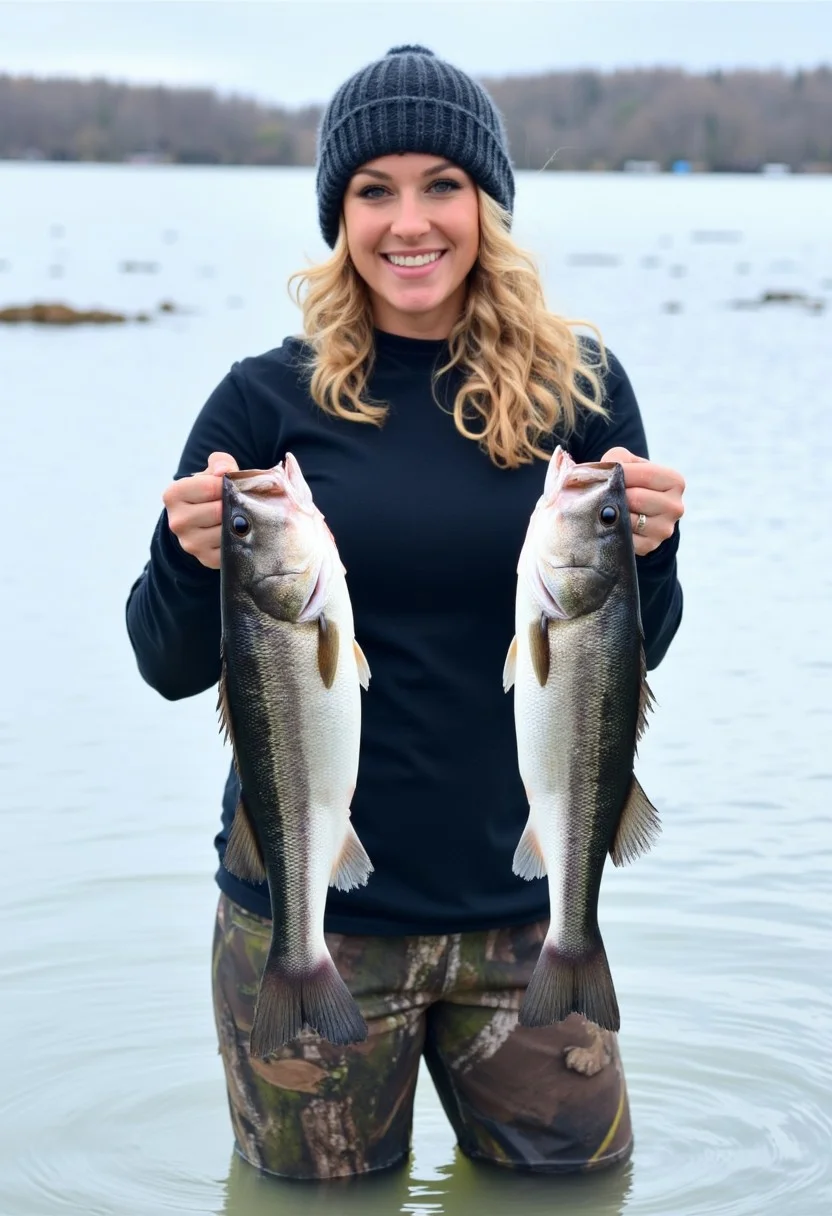 freshly caught fish in a snowy, curly blonde hair is tucked under the beanie., FshGrl. The photograph captures a young woman standing in shallow water, by their tails. The fish are positioned in front of her, who appears to be in her early twenties, long-sleeve shirt and camouflage-patterned pants. Her expression is confident and proud, straight