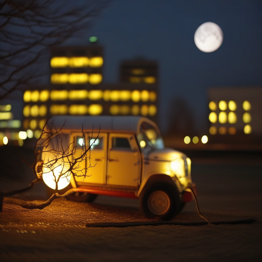 lighting bulb, ground vehicle, blurry, building, branch, bed, moon, pillow