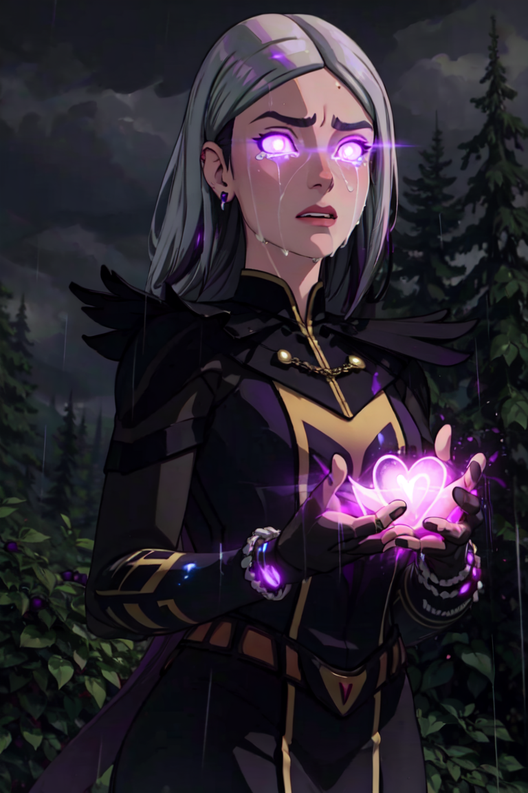 Claudia, green eyes, long hair, forest, night time, dark, lightning, raining, (white hair strip, glowing tears:1.5), (purple magic, magic coming from hands, glowing purple eyes:1.5), (realistic:1.2), (masterpiece:1.2), (full-body-shot:1.2),(Cowboy-shot:1.2), dark romantic lighting, (highly detailed:1.2), (detailed face:1.2), (gradients), colorful, detailed eyes, (natural lighting:1.2), solo, <lora:add_detail:0.3> <lora:DragonPrince_Claudia-10:0.9>  <lora:BeautifulEyes:0.3>