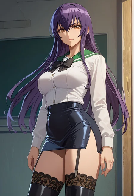 score_9, score_8_up, score_7_up, 1girl, looking at viewer, cowboy shot,
<lora:Saeko_Busujima_Dwnsty_r1:0.8>,
saeko_busujima, purple hair, long hair, hair between eyes, school uniform, serafuku, black pencil skirt, black bowtie, black thighhighs, thighhigh boots, black garter strap, side slit,
4k,high res, highly detailed,
Standing,