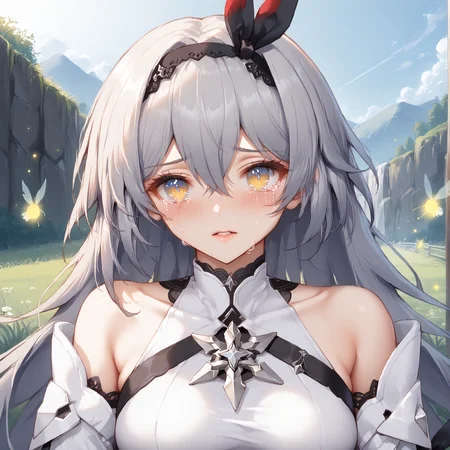 score_9, source_anime, cinematic lighting, BREAK, , honkai:_star_rail,lying,long_hair,parted_lips,firefly_\(honkai:_star_rail\),medium_breasts,grey_hair,black_hairband,crying,hairband,scar_on_face,outdoors,crying_with_eyes_open,two-tone_eyes,grass,scar,hair_ornament,honkai_\(series\),hair_between_eyes,upper_body,pomi_\(poan_dan\),1girl,highres,looking_at_viewer,absurdres,tears,breasts