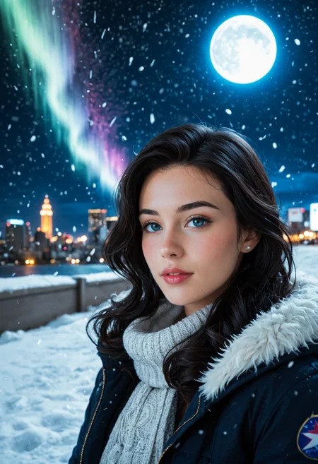 score_9,score_8_up,score_7_up,cinematic film still,beautiful woman,no make up,winter outfit,blush,black hair,head tilt,hair blowing in the wind,arctic circle snow drift,snowing,snowflakes,cold,chill bumps,approaching perfection,dynamic,highly detailed,smooth,sharp focus,intricate details,shallow depth of field,vignette,high budget,bokeh,cinemascope,moody,epic,gorgeous,film grain,grainy,<lora:Aurora-1:1>,aurora-1,space,aurora,night,night sky,sky,star \(sky\),starry \(sky\),shooting star,galaxy,milky way,city lights,moon,fireworks,city,planet,light particles,cityscape,cloud,snowing,skyline,skyscarper,constellation,scenery,