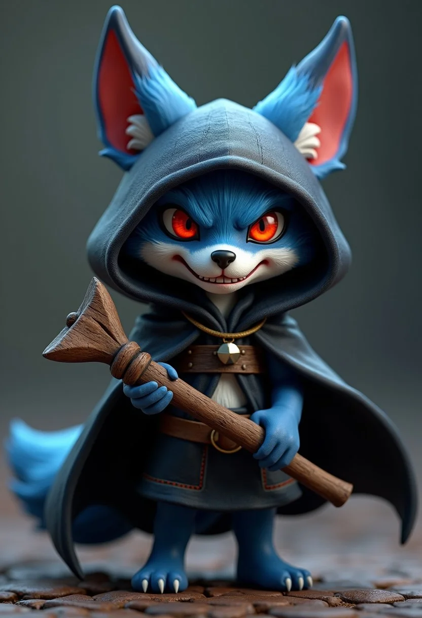 A 3D render of a heroic determined fearsome miniature female blue fox with a billowing dark black cloak, holding a crooked old wooden stagg, Warhammer background. Dynamic pose. torso shown through between folds of the cloak as it billows open. glowing red eyes and a fierce white grimace. angry expression. Pixar style features.