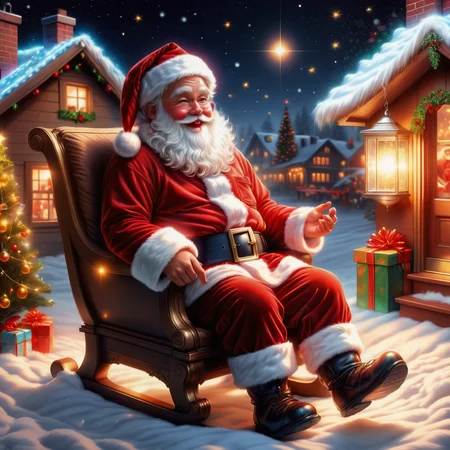 hyper detailed masterpiece, dynamic realistic digital art, awesome quality, santa claus illustrations, reflection, , sparkling and festive,cozy and comforting, solar lights,