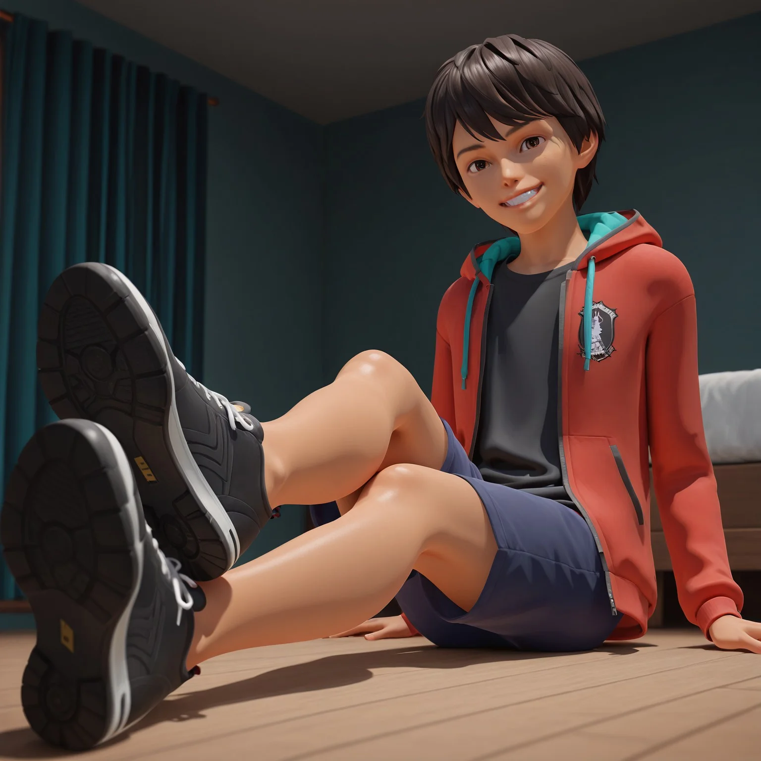 best quality, absurdres, bedroom, on floor, solo, 3d, (1boy, male focus:1.5), sitting, crossed legs, smile, teeth, looking at viewer, foreshortening, Daniel D1az, short hair, dark brown hair, brown eyes, tan skin, black shirt, dark blue shorts, black sneakers, open hoodie, red hoodie